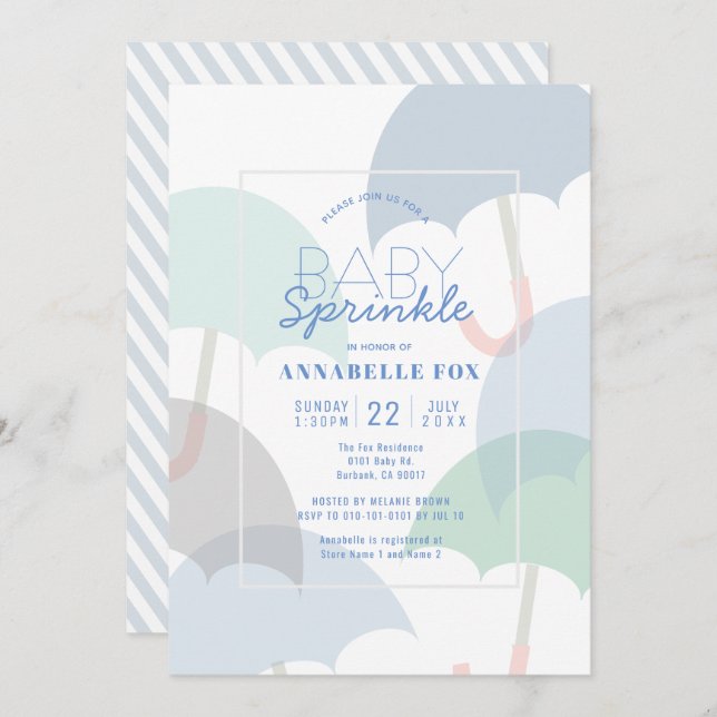 Blue Umbrellas Boy Baby Sprinkle Shower Invitation (Front/Back)