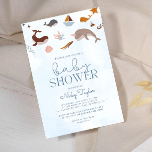 Blue Under Sea Boho Cute Whale Baby Shower  Invitation