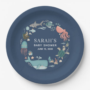 Blue Under the Sea Baby Shower Classic Round Stick Paper Plate