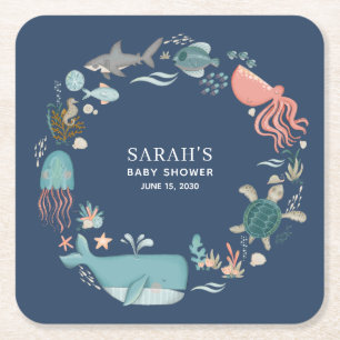 Blue Under the Sea Baby Shower Square Paper Coaste Square Paper Coaster