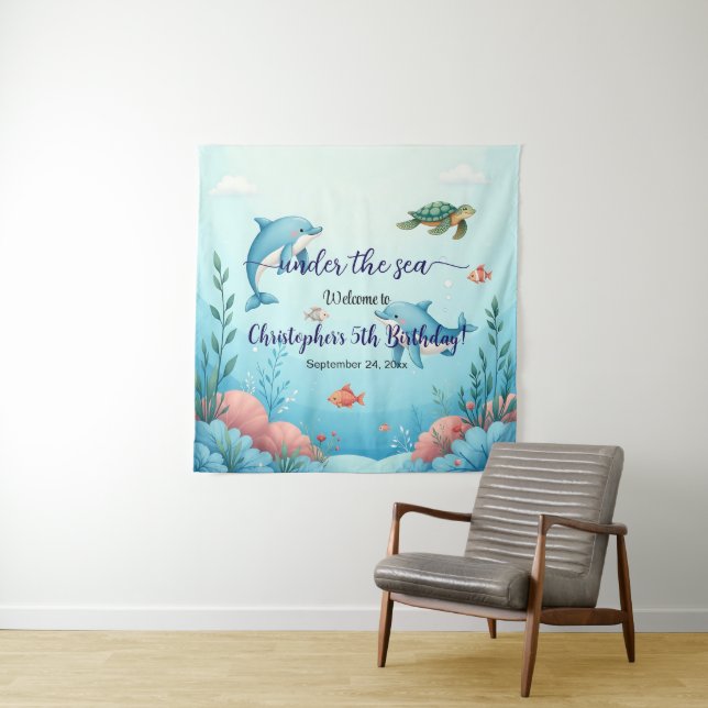 Blue Under the Sea Birthday Party Welcome Backdrop Tapestry (In Situ)