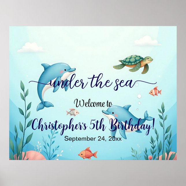 Blue Under the Sea Birthday Party Welcome Poster (Front)
