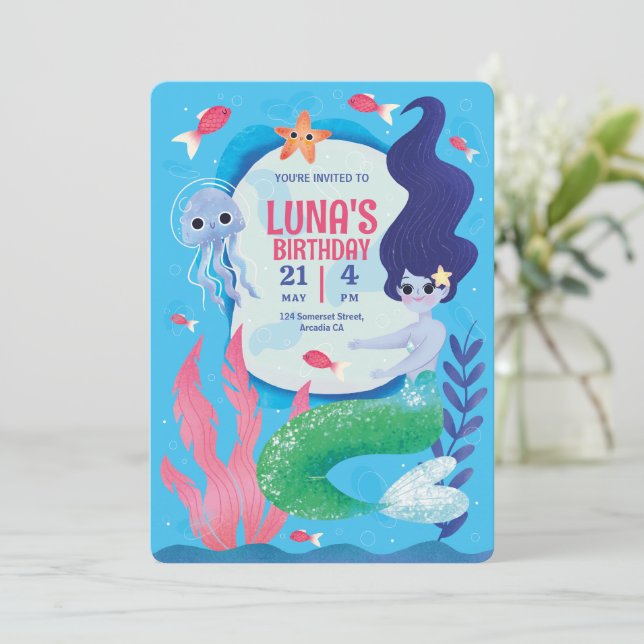 Blue Under The Sea,Blue Mermaid Birthday  Invitation (Standing Front)