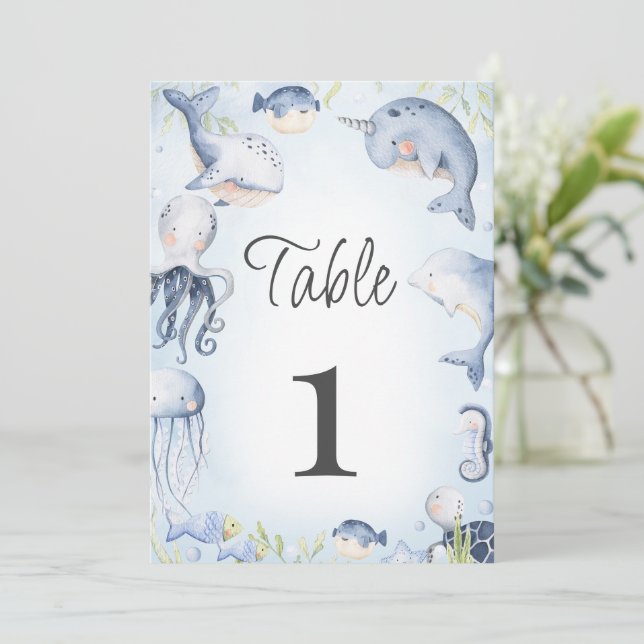 Blue Under the Sea Boys Baby Shower Table Number (Standing Front)