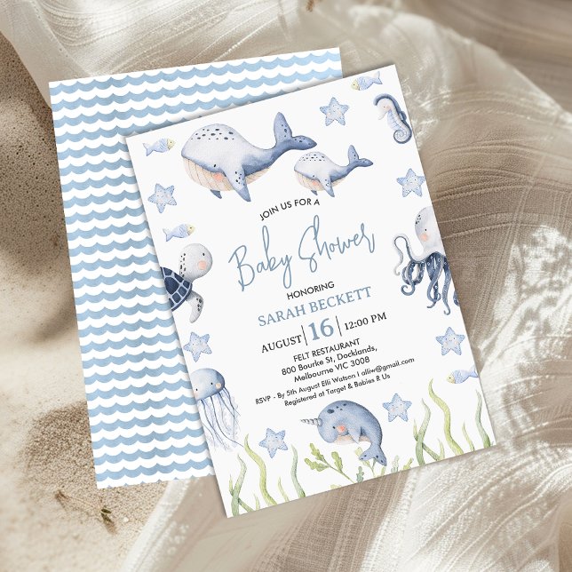 Blue Under the Sea Boys Whale Calf Baby Shower Invitation (Boys Blue Whale and Calf Baby Shower Invitation, Under the Sea baby Shower baby Boy, Sea Creatures)