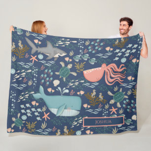 Blue Under the Sea Coral Octopus Whale Shark Name Fleece Blanket