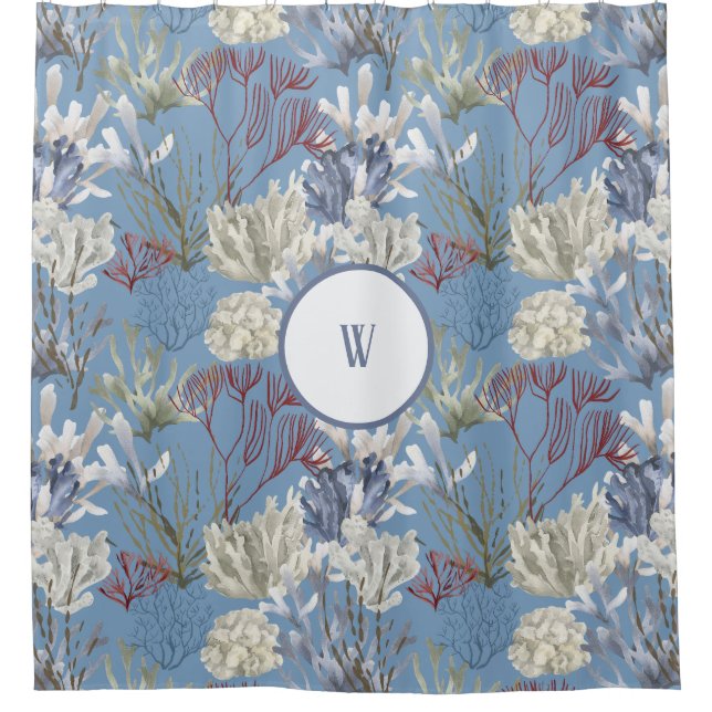 Blue Under the Sea Corals Monogram Shower Curtain (Front)