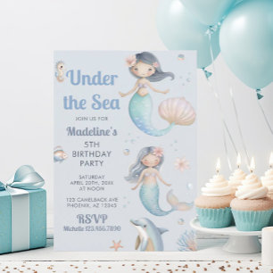 Blue Under the Sea Mermaid Birthday Party Invitation