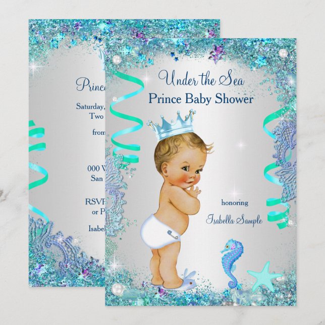 Blue Under The Sea Prince Baby Shower Blonde Baby Invitation (Front/Back)