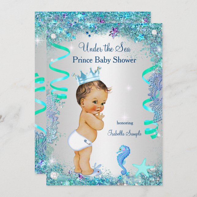 Blue Under The Sea Prince Baby Shower Brunette Boy Invitation (Front/Back)