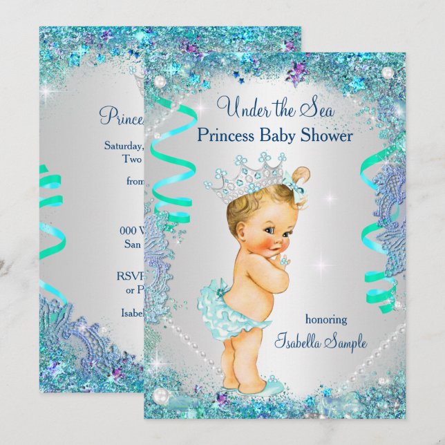 Blue Under The Sea Princess Baby Shower Blonde Invitation (Front/Back)