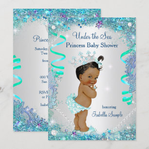 Blue Under The Sea Princess Baby Shower Ethnic Invitation