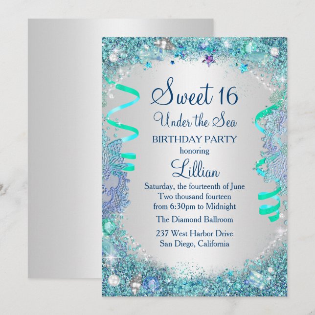 Blue Under The Sea Sweet 16 Invitation (Front/Back)