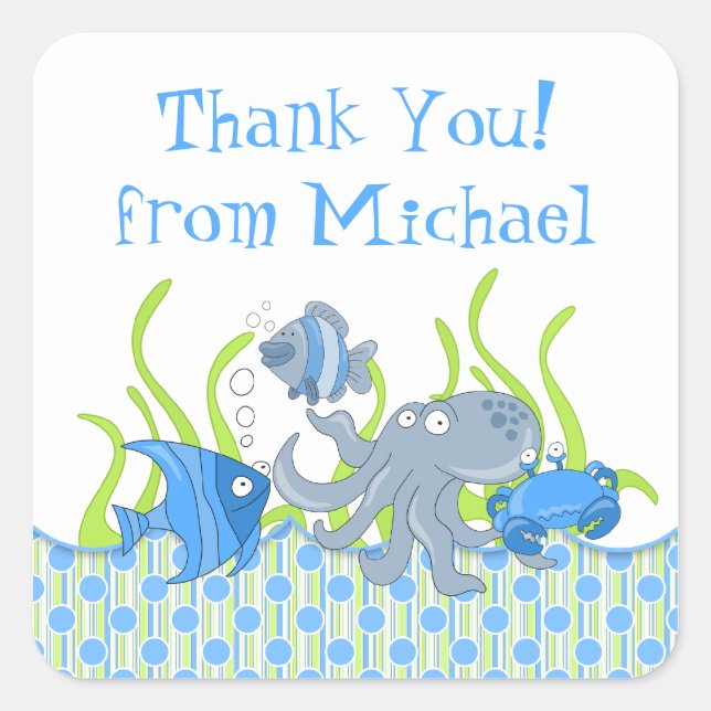 Blue Underwater Critters Birthday Favour Stickers (Front)