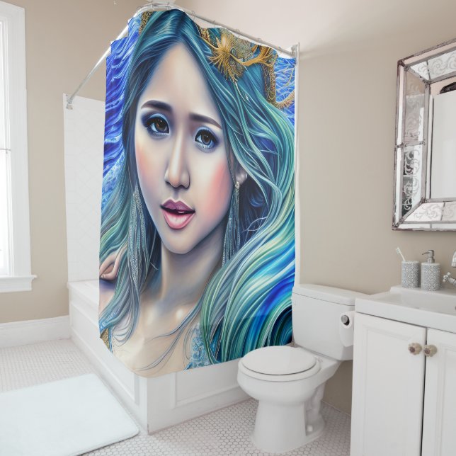 Blue Underwater Fantasy Goddess Abstract Art Shower Curtain (In Situ)