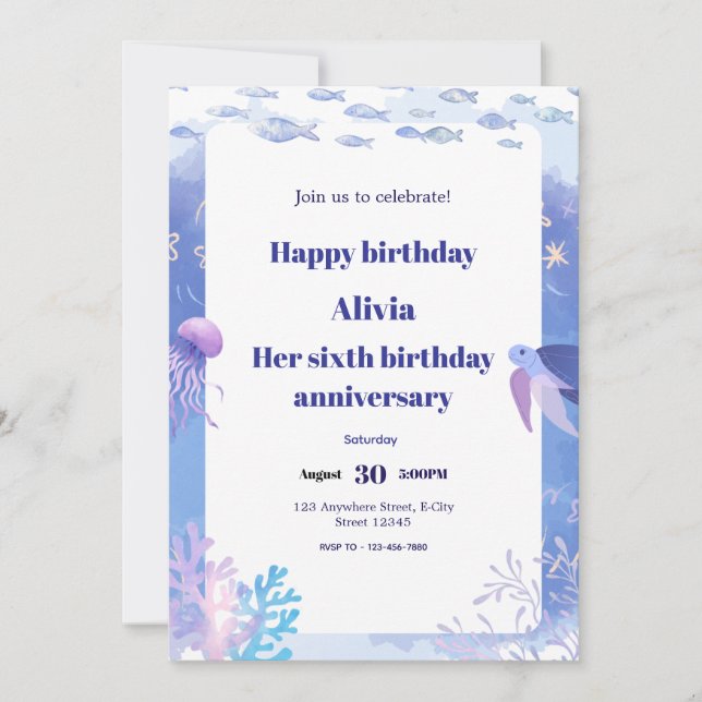 Blue underwater kids birthday invitation card (Front)