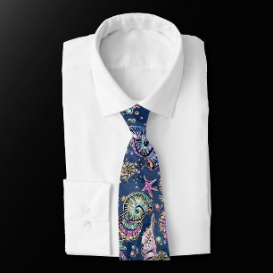 Blue Underwater Luxe   Pastel Gold Seashells Neck  Tie