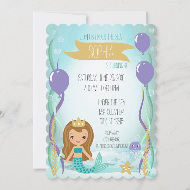 Blue Underwater Mermaid Princess Brown Invitation (Front)