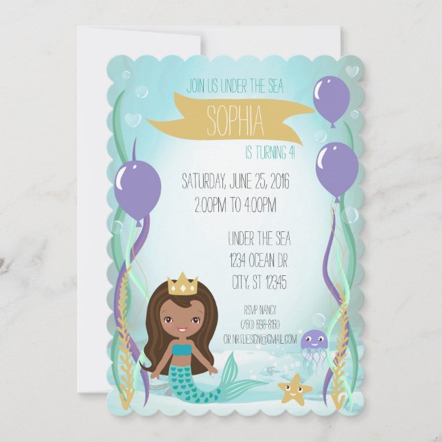 Blue Underwater Mermaid Princess Party Dark Invitation (Front)