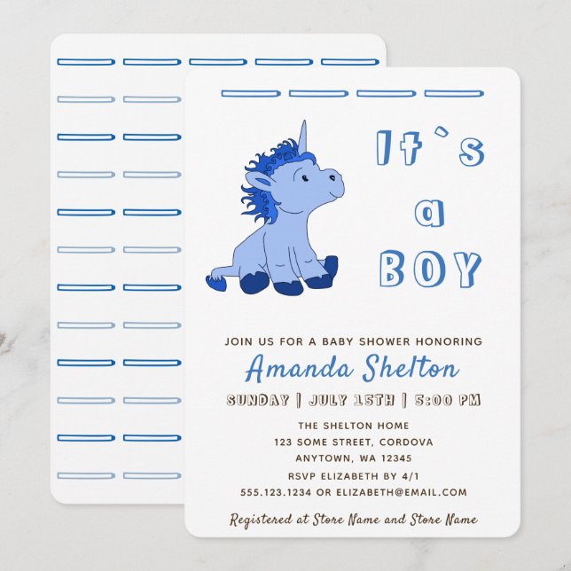 Blue Unicorn Baby Boy Shower Invitation Card (Front/Back)
