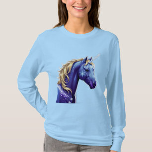 Blue Unicorn Head Portrait in Starry Night Space T-Shirt