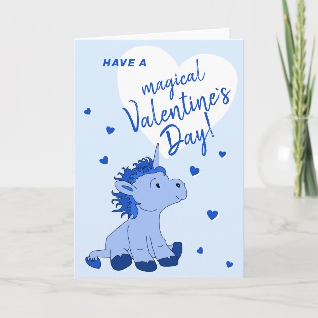 Blue Unicorn Heart Kids Classroom Valentine`s day Holiday Card (Front)