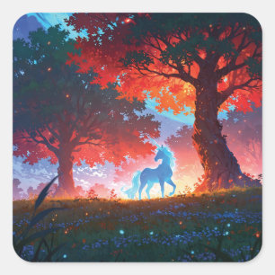 Blue unicorn in the forest square sticker