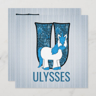Blue Unicorn Letter U Kids Birthday Party Invitation