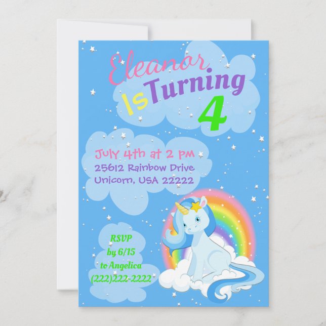 Blue Unicorn Magical Rainbows Colourful Birthday Invitation (Front)