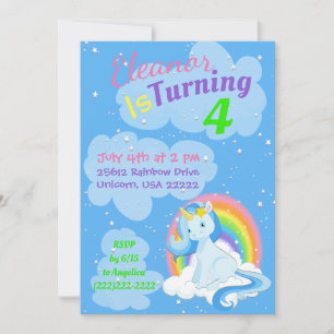 Blue Unicorn Magical Rainbows Colourful Birthday Invitation