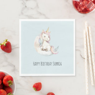 Blue Unicorn on Cloud Birthday Napkin