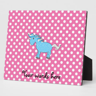 Blue unicorn on pink polkadots plaque
