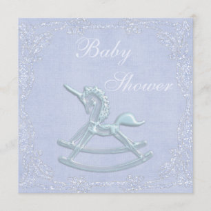 Blue Unicorn Rocking Horse Glitter Baby Shower Invitation