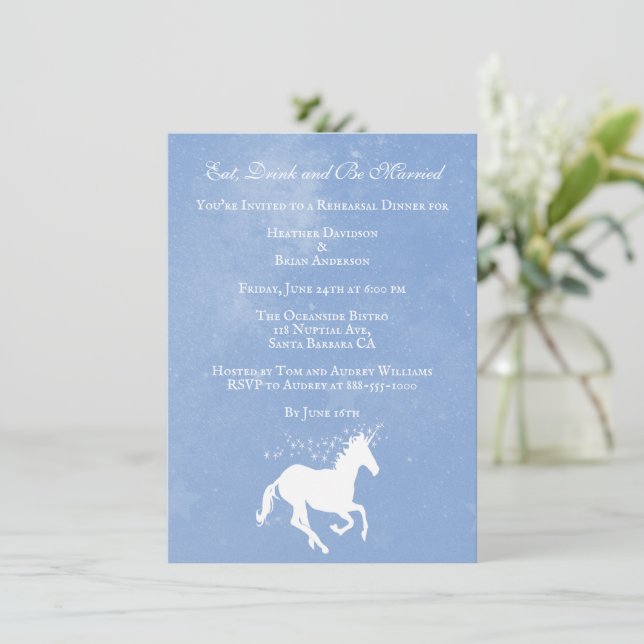 Blue Unicorn Wedding Rehearsal Dinner Invite (Standing Front)