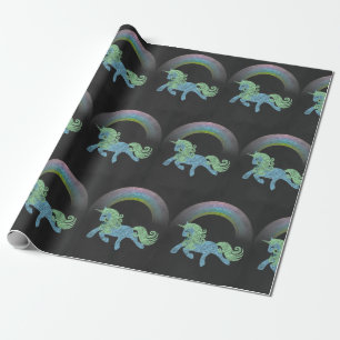 Blue Unicorn with Rainbow chalkboard black back Wrapping Paper