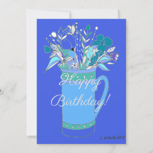 Blue V2 Colourful Happy Birthday Flowers In Mug Holiday Card