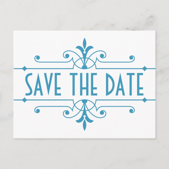 Blue v2 Fancy Ornamental Save the Date Postcard (Front)