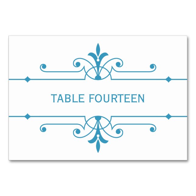 Blue v2 Fancy Ornamental Wedding Table Card (Front)