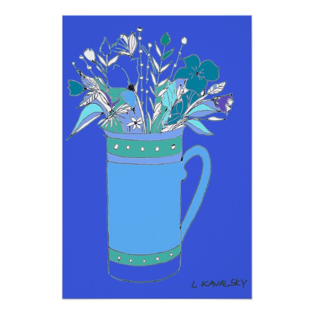 Blue V2 Original Colourful Flowers In A Mug Poster (Front)