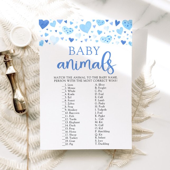 Blue Valentine Baby Shower Baby Animals Game Invitation (Watercolor Blue Hearts Valentine Sweetheart February Heartbreaker Boy Baby Animals Baby Shower Game)