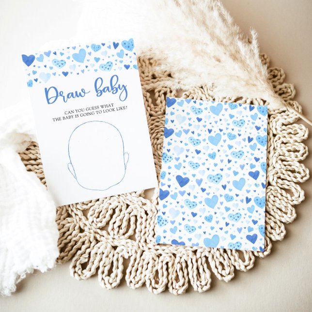Blue Valentine Baby Shower Draw the Baby Game Invitation (Watercolor Cute Blue Hearts Valentine Sweetheart February Boy Draw the Baby Game Baby Shower Game)