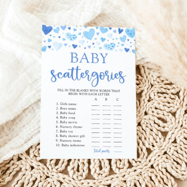 Blue Valentine Baby Shower Scattegories Game Invitation (Watercolor Cute Blue Hearts Valentine Sweetheart February Boy Baby Scattegories Baby Shower Game)
