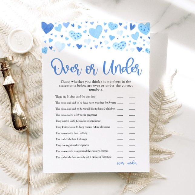 Blue Valentine Over or Under Baby Shower Game Invitation (Watercolor Cute Blue Hearts Valentine Sweetheart February Baby Boy Over or Under Baby Shower Game)