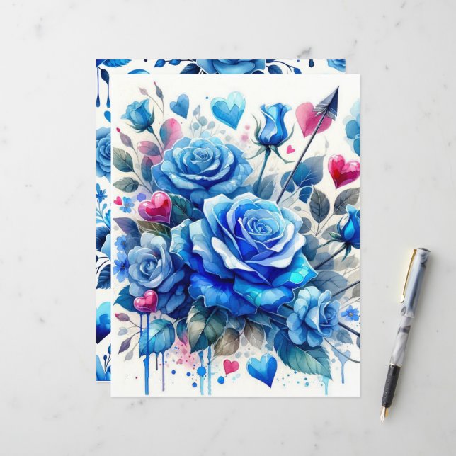 Blue Valentine Watercolor Scrapbook Paper (Front/Back In Situ)