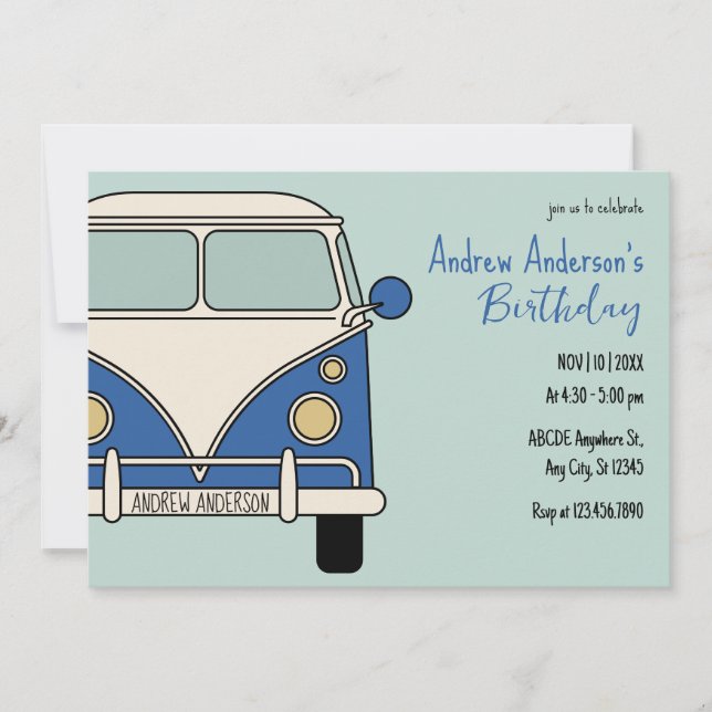 Blue van vintage birthday invitation (Front)