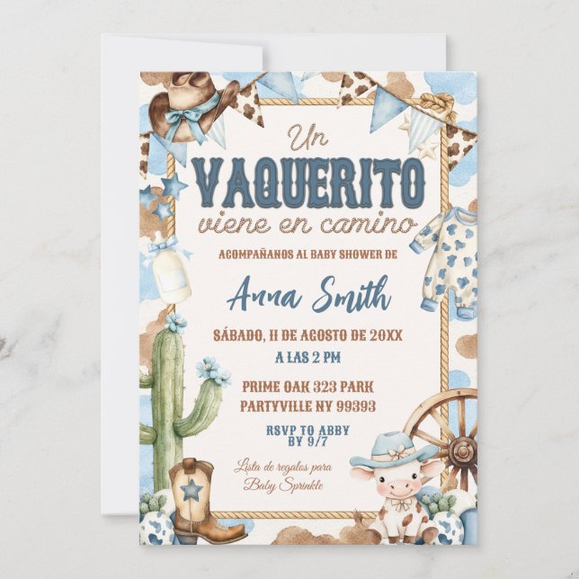 Blue Vaquerito Spanish Baby Shower Invitation (Front)