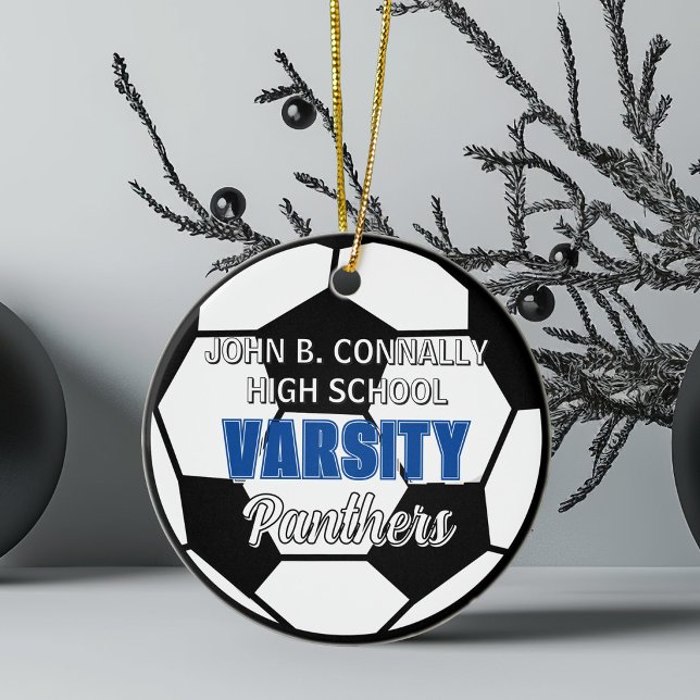 Blue Varsity Soccer Custom High School Christmas Ceramic Tree Decoration (Creator Uploaded)