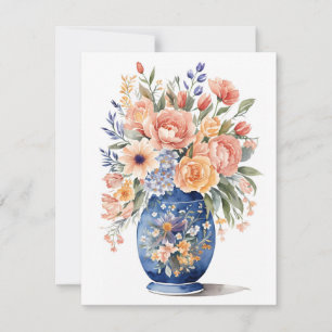 Blue Vase Flower Bouquet Watercolor Painting Invitation