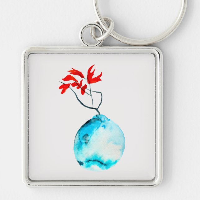 Blue vase watercolor ikebana key ring (Front)