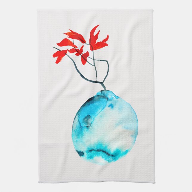 Blue vase watercolor ikebana tea towel (Vertical)